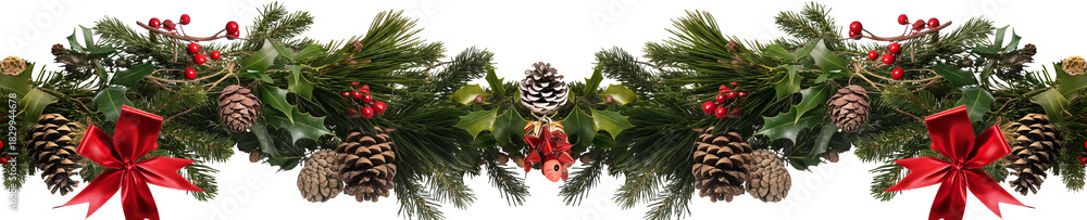Fototapeta premium Christmas garland with pine cones, red bows and festive berries isolated on transparent background, realistic holiday decoration border (PNG 9792x1984)
