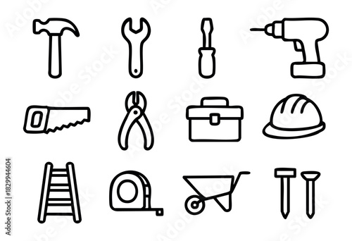 Set of construction and tool icons in bold-line style: hammer, wrench, screwdriver, drill, saw, pliers, toolbox, helmet, ladder, tape measure, wheelbarrow, nails.