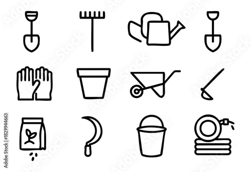 Set of gardening icons in bold-line style: shovel, rake, watering can, gloves, flower pot, wheelbarrow, hoe, fertilizer bag, sickle, bucket, hose.