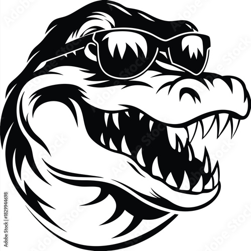 A ferocious black dinosaur head sports cool sunglasses, revealing sharp teeth with a comical look