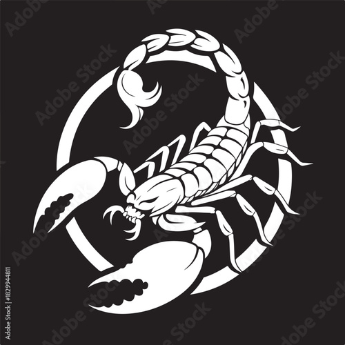 Detailed black and white illustration of a scorpion with logo sample