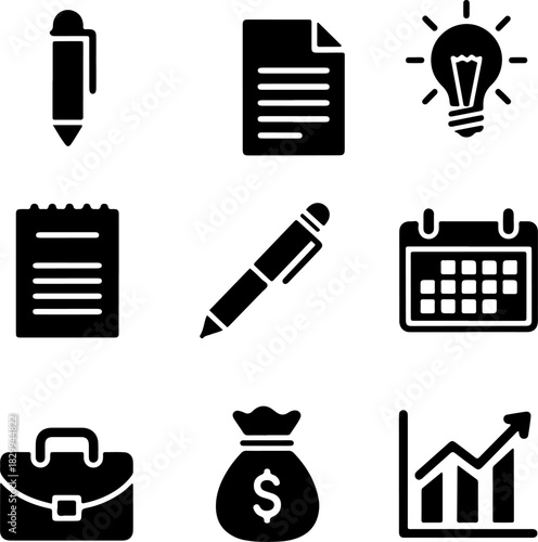 Black Glyph Icon Set for Business, Finance, and Productivity, Featuring Pen, Document, Idea Lightbulb, Notepad, Calendar, Briefcase, Money Bag, and Financial Growth Chart