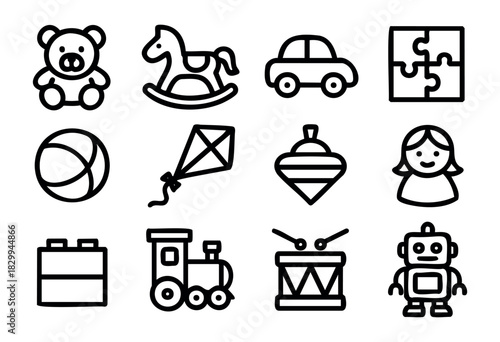 Set of toy icons in bold-line style: teddy bear, rocking horse, toy car, puzzle, ball, kite, spinning top, doll, block, toy train, drum, robot.