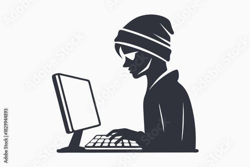 A hacker wearing a striped hat and mask types on the keyboard behind screen