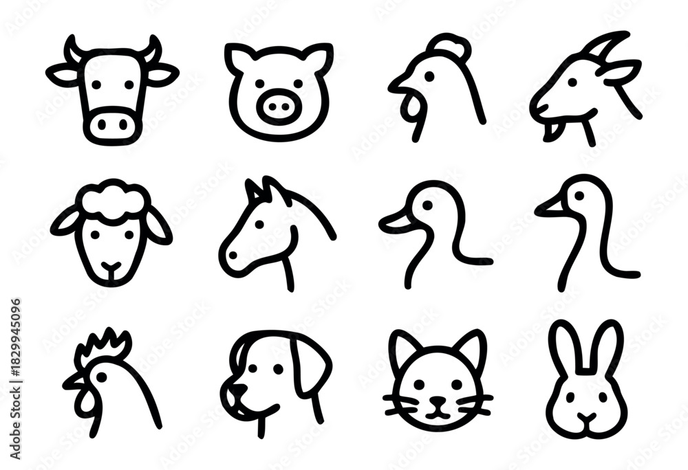 Obraz premium Set of farm animal icons in bold-line style: cow, pig, chicken, goat, sheep, horse, duck, goose, rooster, dog, cat, rabbit.