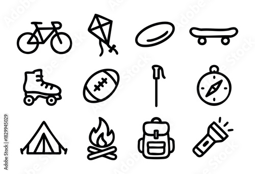 Set of outdoor activity icons in bold-line style: bicycle, kite, frisbee, skateboard, roller skates, football, walking stick, compass, tent, campfire, backpack, flashlight.