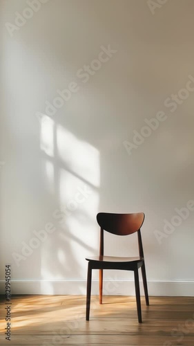 A solitary vintage wooden chair stands in an empty room, illuminated by sunlight streaming through a window, casting gentle shadows.