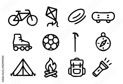 Set of outdoor activity icons in bold-line style: bicycle, kite, frisbee, skateboard, roller skates, football, walking stick, compass, tent, campfire, backpack, flashlight.