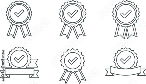Set of quality assurance checkmark badge icons, certificate guarantee symbol, approval seal, verified stamp, trust award, vector line art illustrations. Vector