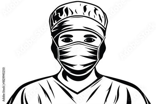 A masked surgeon with a cap wears medical scrubs in black and white