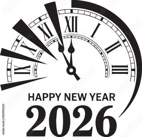 Happy New Year 2026: Countdown Clock with Roman Numerals and Festive Text