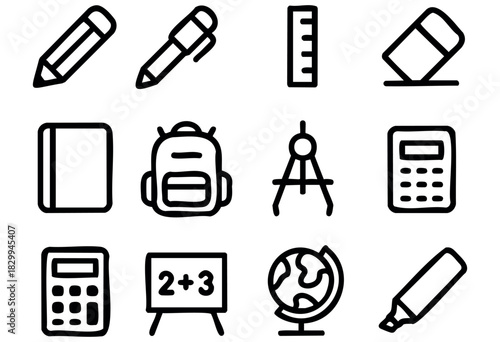 Set of school icons in bold-line style: pencil, pen, ruler, eraser, notebook, backpack, compass, sharpener, calculator, blackboard, globe, marker.