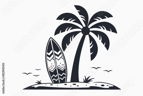 A stylized beach island presents a surfboard leaning against a lone palm tree
