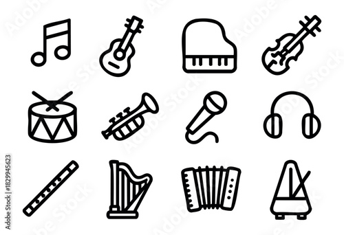 Music Class line icons — various musical instruments and symbols for lessons and orchestra — stock vector.