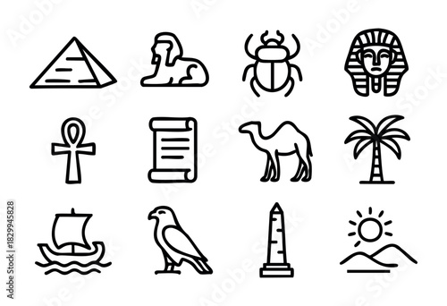 Ancient Egypt line icons — historical symbols, mythology, and landmarks of the Egyptian empire — stock vector.