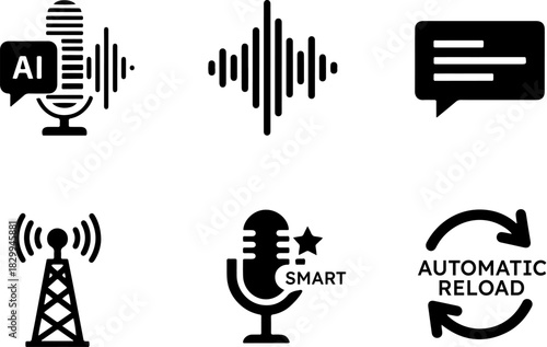 Black Glyph Icon Set Representing Audio Technology and AI Communication, Featuring Microphones with Sound Waves, Chat Messages, Broadcast Tower, and Automatic Reload Functionality