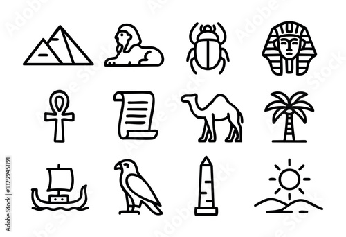 Ancient Egypt line icons — historical symbols, mythology, and landmarks of the Egyptian empire — stock vector.