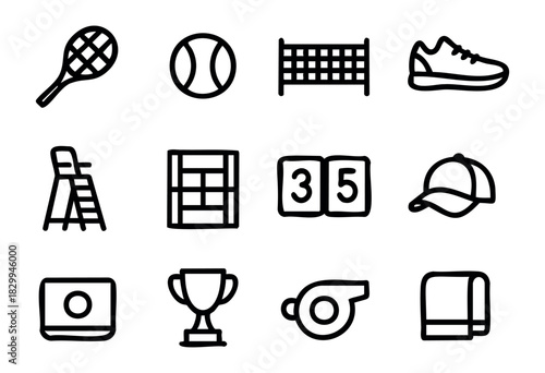 Tennis line icons — sport equipment, court, and match day symbols — stock vector.