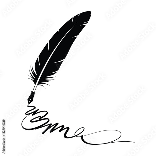 A black feather and inkwell creating a swirling artistic script