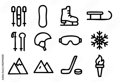 Winter Sports line icons — skiing, snowboarding, and other cold weather Olympic game equipment — stock vector.