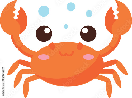 Cute happy orange crab cartoon character with blue bubbles vector illustration for marine life education and summer beach design.