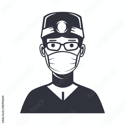 An isolated black and white outline depicts a masked surgeon wearing goggles and surgical cap