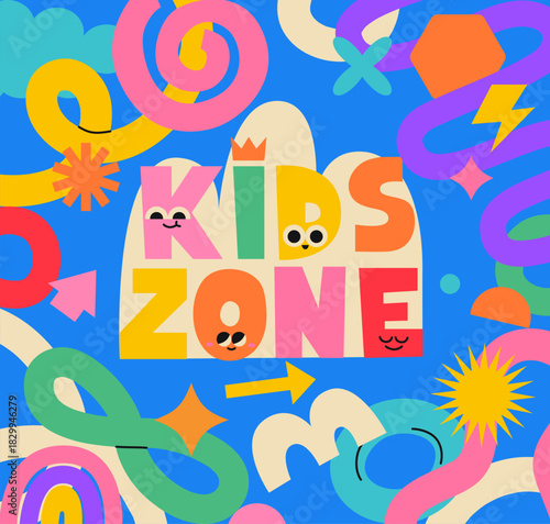 Banner for kids zone, place for children events. Fun colorful childish design. Hand drawn doodle. Zone for kids entertainment. Birthday party place. Children event celebration zone.Vector illustration