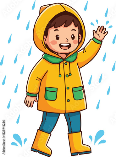 Happy cartoon boy in yellow raincoat waving hand while walking in the rain vector illustration for autumn weather design.
