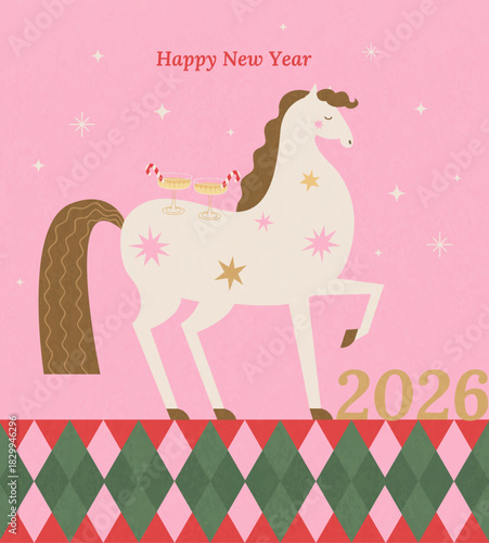 Greeting card 2026 for Merry Christmas and Happy New Year with cute horse and champagne glasses on it. Template design for calendar, print, web, posters, banner, sales. Vector illustration