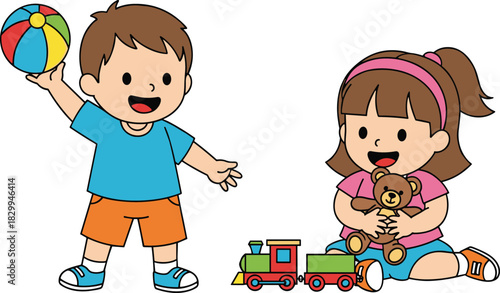 Happy cartoon boy holding ball and girl hugging teddy bear playing with toy train vector illustration for childhood concept.