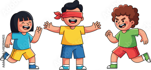 Cute vector illustration of happy kids playing blind man's buff game with blindfolded boy chasing friends for childhood fun.