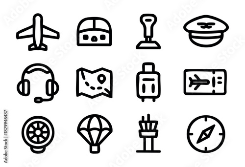 Aviation & Pilot line icons — airplane, cockpit controls, and air travel symbols — stock vector.