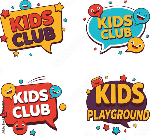 Set of colorful cartoon speech bubbles with kids club text and funny faces for playground branding and graphic design.