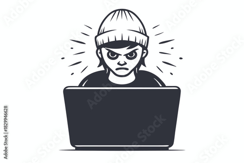 Angry looking girl with a beanie is intensely staring at her laptop screen