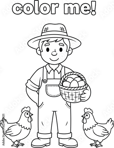 Happy little farmer boy holding basket of eggs with chickens coloring page vector illustration for children educational farm activities.