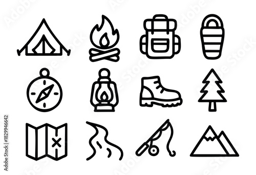 Camping & Hiking line icons — outdoor adventure, nature exploration, and wilderness survival gear — stock vector.