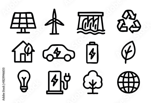 Green Energy & Ecology line icons — renewable power, sustainability, and environmental protection symbols — stock vector.