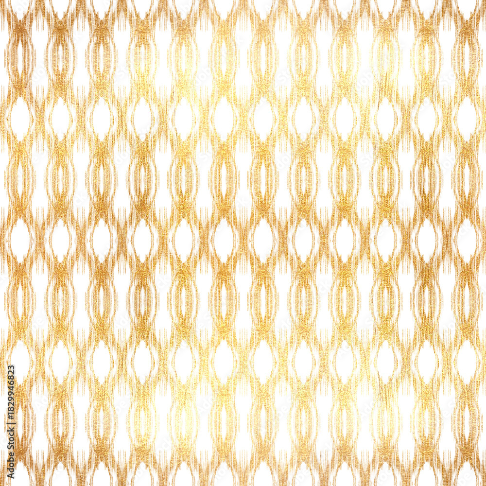 Fototapeta premium Golden ikat seamless pattern, ethnic hand-drawn motif on transparent background, elegant textile design, pattern for fabric, posters, packaging, festive crafts, napkins, scrapbooking