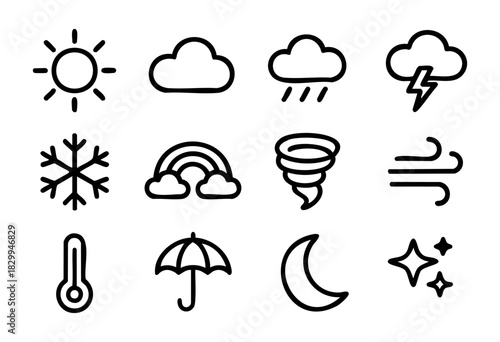 Weather Doodle line icons — various weather conditions and meteorological forecast symbols — stock vector.