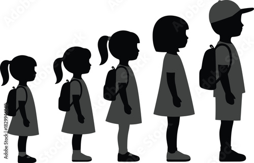 Vector illustration of black silhouettes of five school children standing in a row arranged by height with backpacks and cap