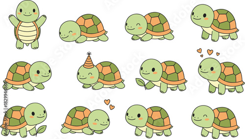 Set of cute cartoon turtle vector illustrations showing various poses like standing walking sleeping and wearing a birthday party hat