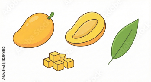 Mango set — ripe mango, sliced mango, cubes, mango leaf.