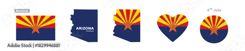 Arizona flag and map set. American state flags in official colors and proportions. February 14th celebrations, maps, circles, and hearts of Arizona.