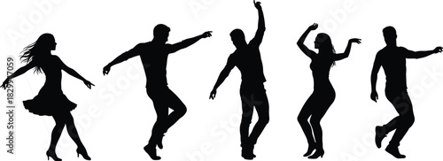 Silhouette dancers in motion, male and female dancing poses, vector illustration, energetic performance, modern dance steps, couple choreography, black figures on white background