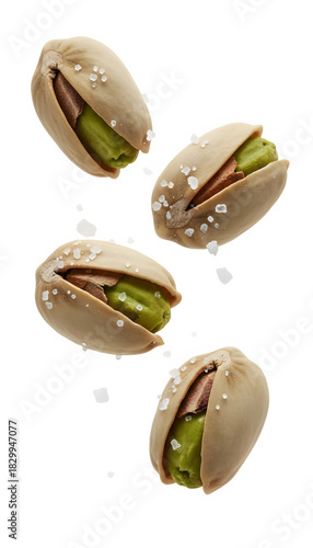Salted pistachios falling, healthy snack, transparent background