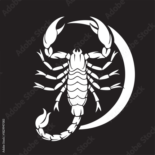 Detailed black and white illustration of a scorpion with logo sample