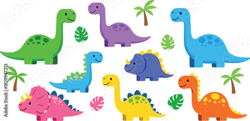 Vector set of cute colorful cartoon dinosaurs including Brachiosaurus Triceratops and Stegosaurus with palm trees and tropical leaves elements