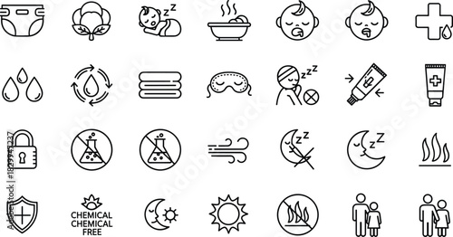 Baby care and hygiene icons set, diaper, cotton, sleeping baby, bath, water drops, safety, chemical free, skin protection vector
