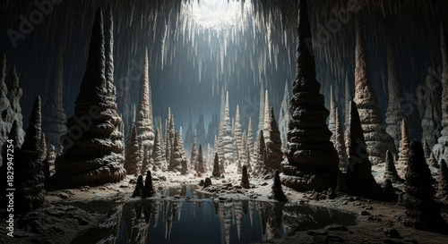 Mysterious Underground Cave with Towering Stalagmites and Reflective Water Pool.