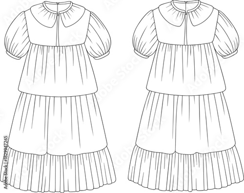Baby doll dress flat sketch, puff sleeves, pleated bottom design, front and back fashion view, technical vector drawing, template